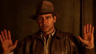 Indiana Jones in iconic hat holding his hands up in submission in Indiana Jones and the Great Circle trailer