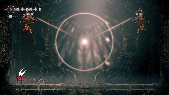 The Cogwork Dancers gear up for their combined attack in Hollow Knight: Silksong