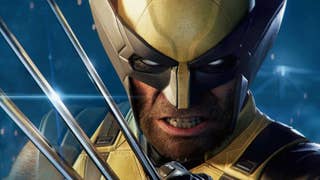 Wolverine, in the iconic yellow and black outfit, with his claws out and a blue background.
